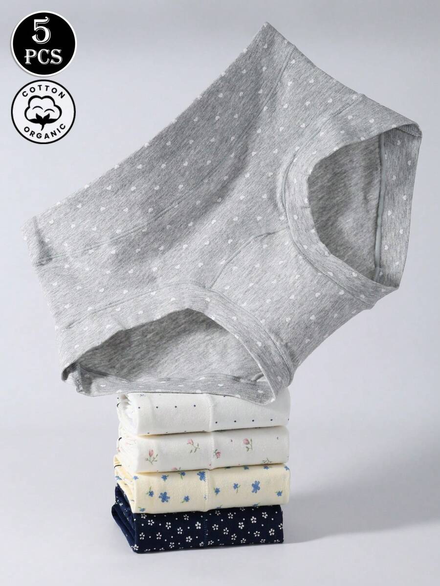 5pcs/Pack Women's Cotton Panties With Floral, Bow, Cute Design, Mid-Waist, Full Coverage, Seamless - Multicolor - View 1