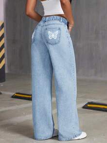 女童宽松牛仔裙裤，蝴蝶印花，休闲舒适