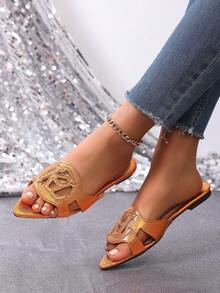 Dép hình chữ H thời trang xuân/hè mới cho nữ, dép xăng đan kiểu La Mã quai ngang thoải mái, dép đế bằng dập nổi màu đen/be/nâu, dép đế xuồng đính đá dày dặn kiểu Pháp sang trọng được các blogger khuyên dùng, giày đi biển mùa hè, dép ngoài trời tối giản, dép đế bằng họa tiết da cá sấu với quai kim loại trang trí. - Màu Cam cháy - Xem 3