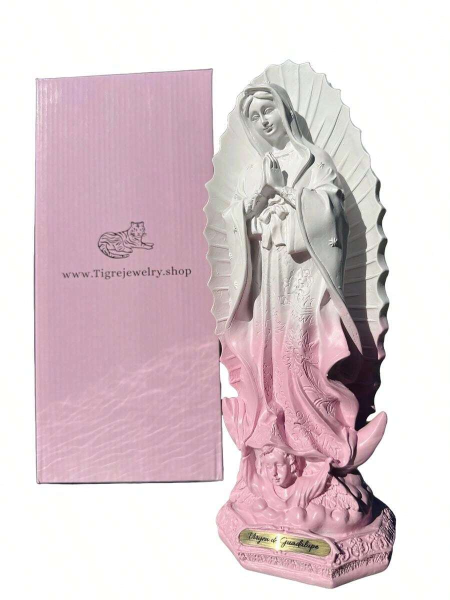 Virgen Mary Statue - Religious Ornaments Decor - White and Pink - View 1