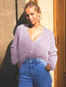 Solid Color Cardigan Long Sleeve Knit Top Sweater Jacket, Autumn/Winter - Lilac Purple - View 2