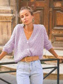 Solid Color Cardigan Long Sleeve Knit Top Sweater Jacket, Autumn/Winter - Lilac Purple - View 4