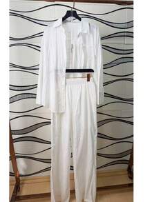 Linen Shirt And Pants Set (2 Pieces), Lined With Elastic. - trắng - Xem 1