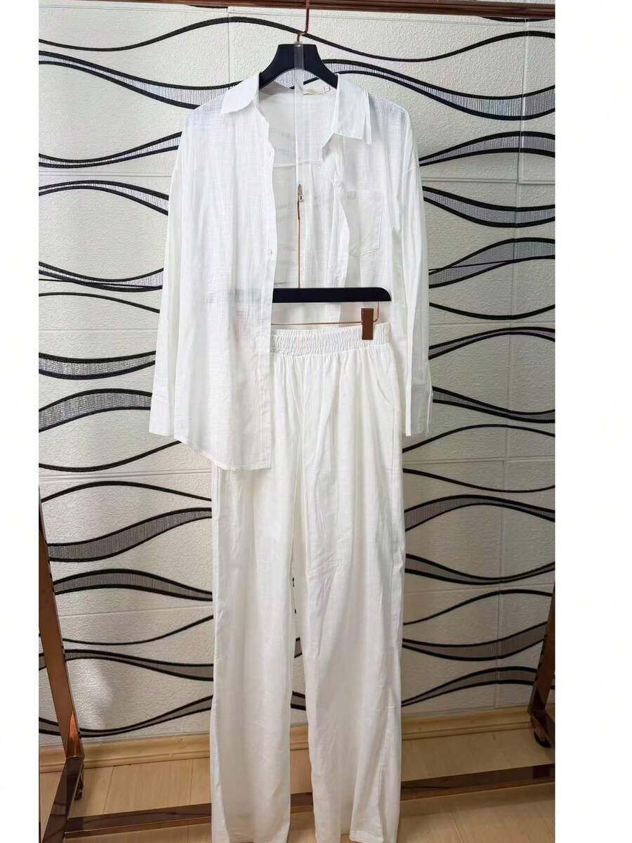 Linen Shirt And Pants Set (2 Pieces), Lined With Elastic. - trắng - Xem 1