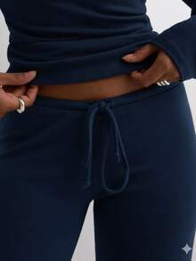 Women's Casual Black Wide Leg Fabric Pants With Drawstring Detail Long Medium Stretch - Blue - View 4