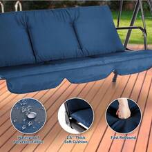 Columpio de exterior de 3 plazas con toldo ajustable y cojines gruesos, banco deslizante con patas antideslizantes y ganchos de resorte resistentes, resistente a los rayos UV, impermeable, capacidad de 227 kg para patio, jardín y patio trasero. - Azul - Ver 5
