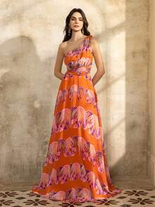 Faeriesty Elegant Women's Glamorous Chiffon Long Formal Dress With One Shoulder And Flared Hem, Sleeveless Flowing Design Perfect For Evening Events - Orange - View 3