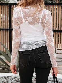 Sheer Floral Lace Mesh Turtleneck Long Sleeve Top - White - View 9