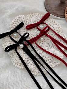 2pcs/Set Velvet Ribbon Bow Faux Pearl Hair Clips, Ballerina Style Hair Accessories, Suitable For Ponytail, Bangs, Any Occasion, Claw Clips, Hair Slide, Hair Barrettes - Multicolor 1 - View 2