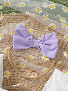 2件套女婴休闲日常可爱撞色编织白色镂空袖方领葡萄刺绣装饰拼接紫色3D蝴蝶结装饰连体衣和紫色蝴蝶结发带套装，夏季 - 淡紫色 - 查看 4