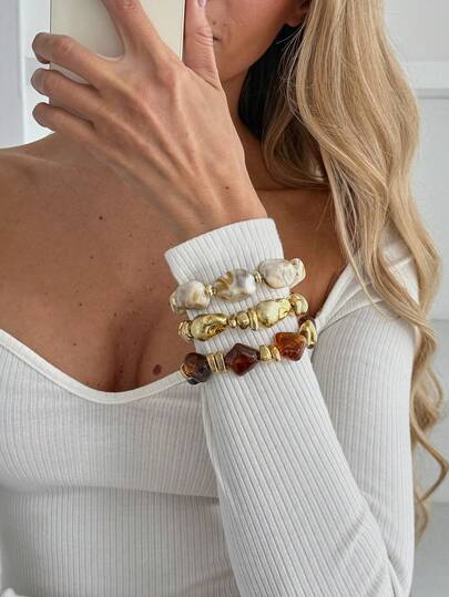 3 piezas de pulseras elásticas de resina con cuentas asimétricas vintage, adecuadas para festivales, fiestas, galas, citas y atuendos para el uso diario