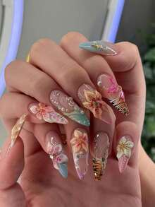 24片装前卫西部杏仁形美甲贴片：3D哑光花卉和虎纹撞色渐变美甲贴纸 - 彩色 - 查看 3