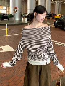 Slouchy Striped Off Shoulder Long Sleeve Knit Sweater For Women, Unique, Youthful, Loose, Slimming, Autumn - Coffee Brown - View 4