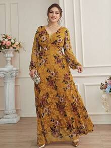 Plus Size Women's Mustard Yellow Floral Lace A-Line Dress, V-Neck, Bishop Sleeve, Flared Hem Vacation Spring - Ginger - View 4