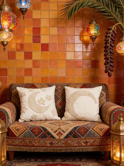 1pc/2pcs Set Beige Moon Pattern Embroidered Cushion Cover, Middle Eastern Festival Atmosphere Plush Crafted Pillow Case, Bohemian Style Living Room/Bedroom Sofa Decorative Pillow Cover, Suitable For Eid Gifts, Daily Casual Patio/Bedside Bolster Cover, All Season, Inner Pillow Not Included, 45*45cm