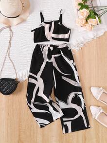 2pcs/Set Girls Casual Printed Camisole Top And Printed Pants, Summer Fashion Outfit - Black - View 2
