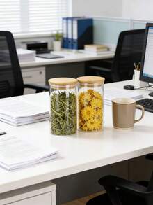 Frasco de almacenamiento hermético de vidrio borosilicato de alta calidad, adecuado para granos, cereales, frutas secas, cáscaras de cítricos secos y hojas de té. Forma de cilindro recto, emparejado con tapa de bambú, diseño transparente minimalista, adecuado para el almacenamiento doméstico. - transparente - Ver 9