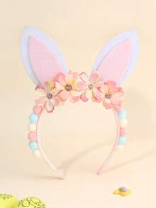 1pc Easter Pink Flower Headband For Girls,Fabric Rabbit Ear Bunny Ears Decor Headband For Girl,Cute Easter Rabbit Ear Hair Accessories For Girl Easter Gifts