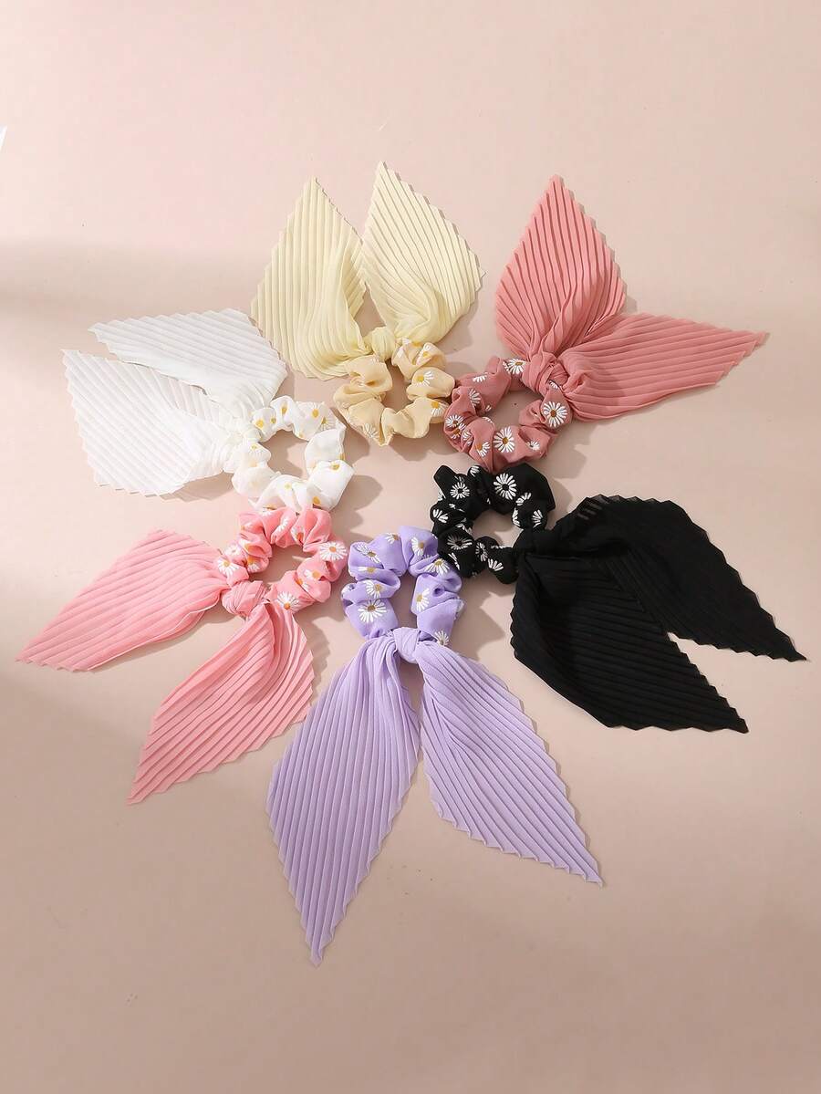 6 chiếc dây buộc tóc thời trang nữ, màu hồng, tím, đen, trắng, họa tiết hoa cúc xếp nếp và tai thỏ, phù hợp cho sử dụng hàng ngày, lễ hội, thường ngày, dự tiệc. - Nhiều màu - Xem 1