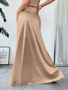 Falda de línea A de punto brillante de unicolor elegante y casual para mujer VIVINA, adecuada para uso diario, citas, salidas, looks de aeropuerto, invitados de boda, viajes de primavera y verano - Albaricoque - Ver 4