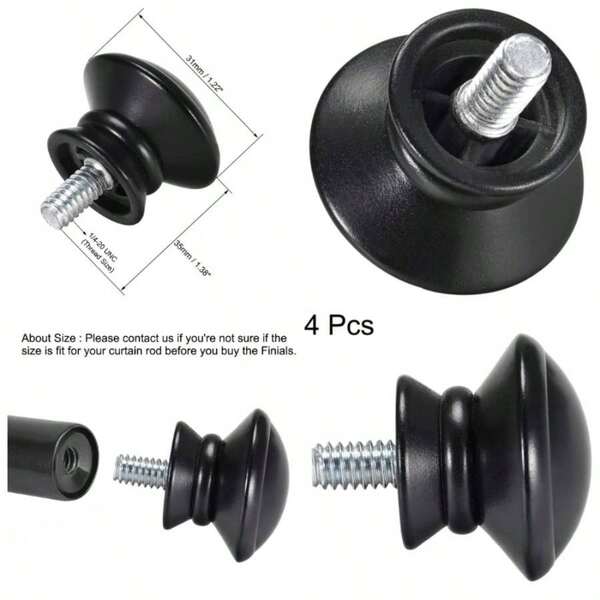 Curtain Pole Rod Decorative Curtain Rod Finials Black 15.8mm Diameter 1/4 - 20 UNC Thread Pack Of 4