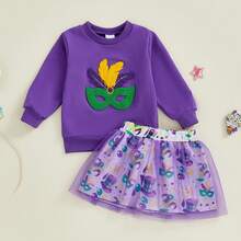 2Pcs/ Set Toddler Girl Mardi Gras Outfit Crewneck Sweatshirt Tutu Skirts Set 2 Piece Cute Little Girl Clothes. Kids Carnival Clothes 1-5Years (Purple) - 寶藍色 - 查看 9