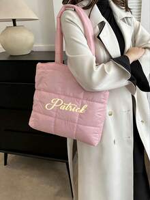 1pc Custom Name Fashion Sense Diamond Grid Large Capacity Solid Color Down Casual Thread Western-Style Shoulder Handbag, Women's Shoulder Bag With A , Casual, Simple Design In A Solid Color. - Multicolor - View 6