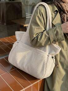 1pc Corduroy Tote Bag For Women, Large Capacity, 2026 New Autumn/Winter Versatile Casual Shoulder Bag, Suitable For College Students - Beige - View 4