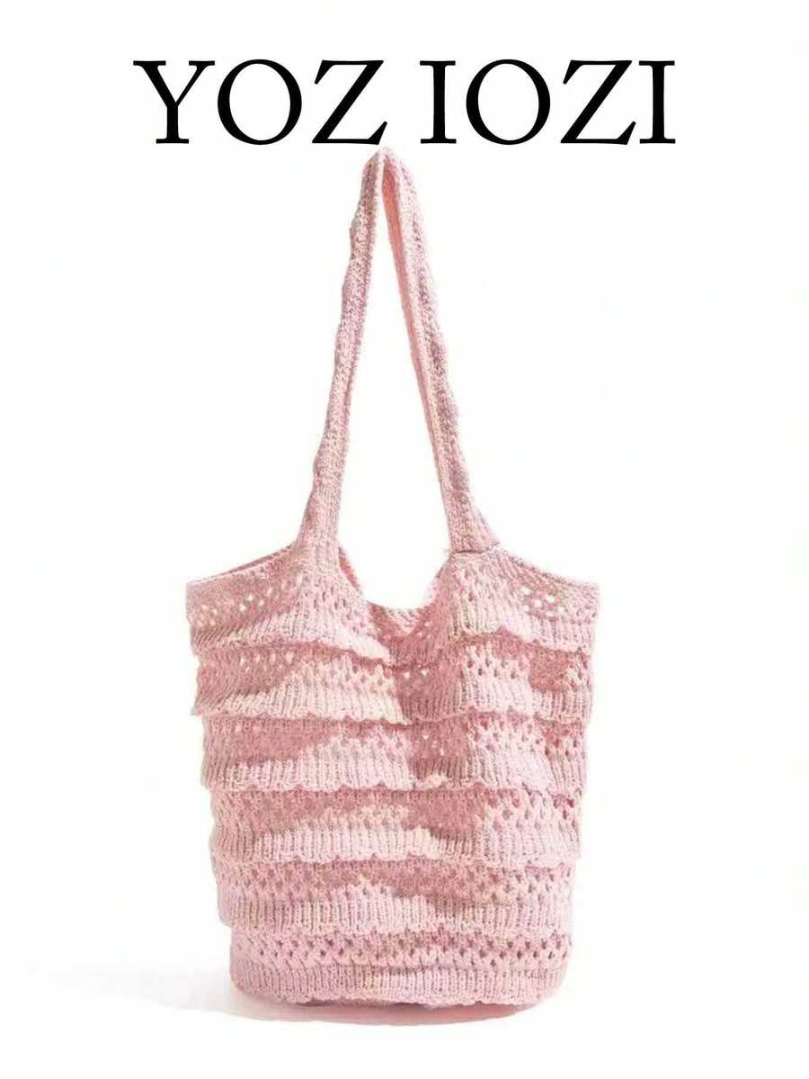 Korean/Japanese Niche Design Woven Beach Bag, Lace Hollow Out Casual Vacation Daily Commute Large Capacity Shoulder Tote Bag - Pink - View 1