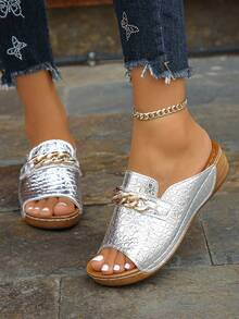 Fashionable Crocodile Pattern Metal Chain Buckle Round-Headed Open-Toe Women's Wedge Heel Thick-Soled Sandals Comfortable Lightweight Thick-Soled Silver Sandals For Vacation Style Summer Daily Wear Beach Play Silver Slippers Women's Slippers Pattern Pattern Random - 銀色鱷魚紋 - 查看 4