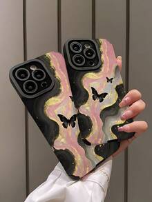 1pc Fashionable Personality Pink & Black Marble Butterfly Print Vertical Striped Faux Leather Soft Protective Phone Case, Suitable As Birthday, Holiday Gift For Friends, Family, Couples, Fits 17/17 Air/17 Pro/17 Pro Max, 16/16 Plus/16 Pro/16 Pro Max, 15/15 Plus/15 Pro - Multicolor - View 4