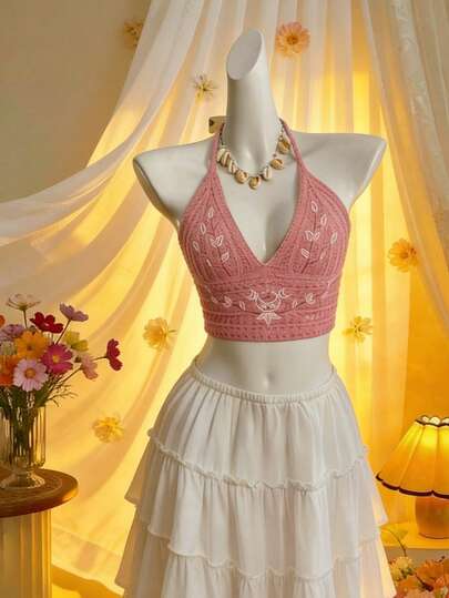 Summer Vacation Beach Women's Halter Neck Embroidered Cute Y2K Tie Detail Minimalist Casual Knit Sweater, Plus Size & Petite