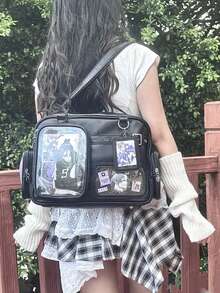 新款日系PU皮Y2K心形链条透明徽章包，休闲简约街头通勤多功能大容量单肩斜挎包，可收纳杂物、挂钥匙、存放明信片 - 黑色 - 查看 3