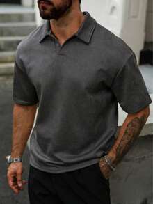 1pc Men's Dark Grey Polo Shirt, Single Button Collar Design, Soft Fleece Fabric, Casual Style, Slim Fit, Suitable For Commuting And Weekend Gatherings - Dark Grey - View 1