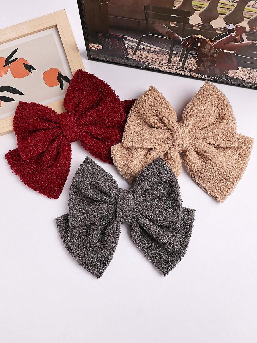 3件套多功能优雅泰迪熊毛绒超大蝴蝶结发夹（红色、咖啡色、中灰色） - 彩色 - 查看 1