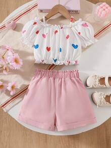 2件套 女童吊带泡泡袖爱心图案上衣 + 卡通印花短裤，春夏款 - 白色 - 查看 2