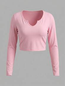 Women's Spring/Autumn Solid Color V-Neck Cropped Slim-Fit T-Shirt, Pink Top.Valentine Outfits For Women,Vacation Outfits Women,Valentine's Day,Summer,Summer Outfits For Women,Gras Outfit Women,Spring To Summer,Club Outfits For Women,Tops For Women,Valentine's Day Outfit,Summer Tops - Pink - View 4
