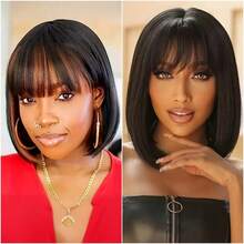 Peluca corta y recta con flequillo, de diseño elegante, de material de fibra resistente a altas temperaturas, en color negro y marrón mezclados, para mujeres - Multicolor - Ver 2