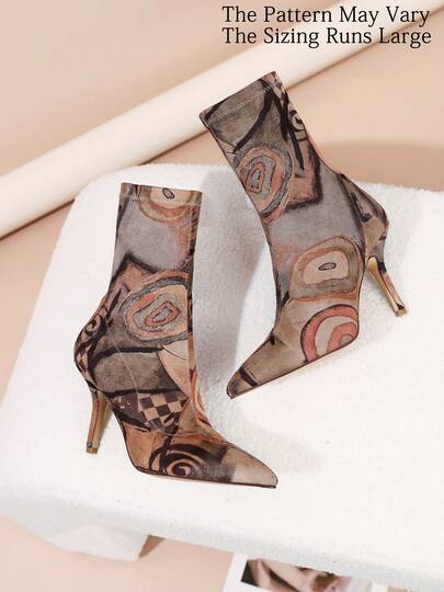 vivianly All Over Print Stiletto Ankle Boots For Women - Pointed Toe, Elastic Side Zip, Unique Stretch Fabric With Print-Elegant Sexy Style For Commuting High Heels Boots, Suitable For All Seasons Boots,Valentine's Day, Party & Sexy Night Shoes Random (Each Pair May Vary For Surprise)
