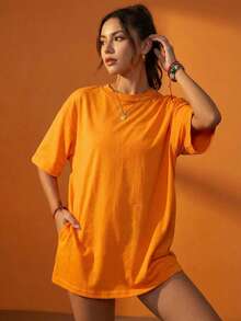 Women's Loose Long Solid Color Round Neck Short Sleeve T-Shirt, Minimalist, Suitable For Spring/Summer Everyday Wear Casual - Orange - View 7