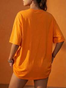 Women's Loose Long Solid Color Round Neck Short Sleeve T-Shirt, Minimalist, Suitable For Spring/Summer Everyday Wear Casual - Orange - View 3
