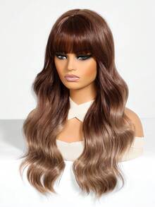 1 pieza Peluca de mujer con ondas y flequillo de color marrón, cabello sintético rizado de 26 pulgadas de largo, fibra resistente a altas temperaturas, gorro de red de rosa, para uso diario y de fiesta - Marrón - Ver 7