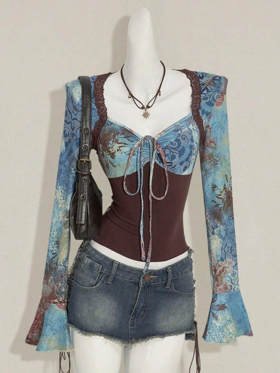 Luna Muse 新款女士复古印花撞色系带长袖修身露脐上衣，性感前卫的Y2K复古风格，蕾丝饰边紧身设计，适合日常、休闲、街头风、度假、音乐节、约会、情人节、派对等场合。 - 綠色 - 查看 1