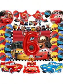 22pcs  Cars Birthday Decoration Set Featuring  And Mater-Themed Backdrop, Red Number Foil Balloons, Red And Blue Race Car-Shaped Balloons. Birthday Party Decoration, Racing-Themed Kids' Scene Decor, Creating An Immersive Car-Themed Celebration Atmosphere, Birthday Party Setup, Backdrop Wall Decoration. - Multicolor - View 5