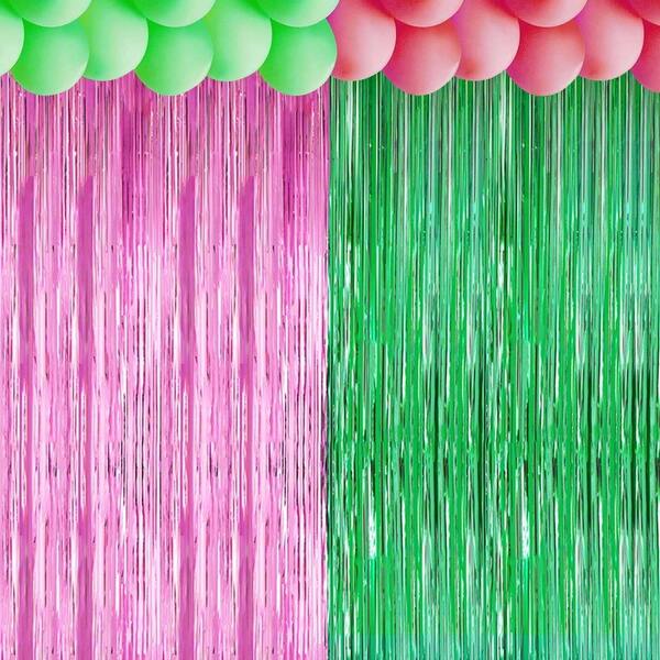 Set de 2 cortinas de fondo con flecos metálicos de 1 x 2 metros en color rosa y verde, decoración para fiesta de brujas, adecuado para decoración de fiesta de cumpleaños malvada