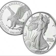 American Eagle 2025 One-Ounce Proof Silver Coin, Suitable For Collecting And Holiday Gifting. It Has A High Precious Metal Content And Can Be Used For Precious Metal Investment. It Commemorates A Specific Year/Theme And Is Often Given As A Gift. The Silver Eagle Contains 1 Ounce Of Approximately 99.9% Pure Silver. - A - View 2