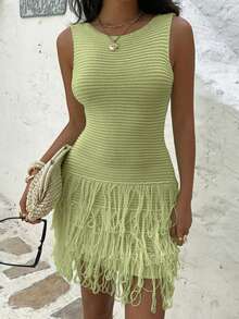 女士优雅复古绿色流苏针织无袖连衣裙，适合度假、约会、下午茶、婚礼、海滩、城市旅行、波西米亚音乐节、夏季派对等场合。 - 綠色 - 查看 6