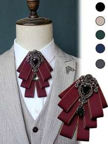 1 Set Of High-End Fashion Bow Tie, Brooch, Bowknot Pin And Lapel Flower.With Elastic Band Easy Wear And Removal.Suitable Parties, Nightclubs And Weddings To Pair With Suits. - 彩色 - 查看 1