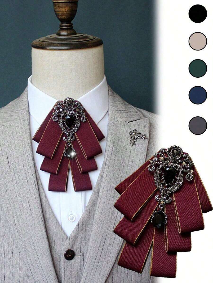 1 Set Of High-End Fashion Bow Tie, Brooch, Bowknot Pin And Lapel Flower.With Elastic Band Easy Wear And Removal.Suitable Parties, Nightclubs And Weddings To Pair With Suits. - 彩色 - 查看 1