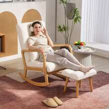 Rocking Chair With Footrest, Rocking Chair With Fleece Cover, Armrests, High Back, Wooden Glides, Upholstered Rocking Chair, Reclining Chair, Nursing Chair For Living Room, Bedroom, White - Apricot - View 7